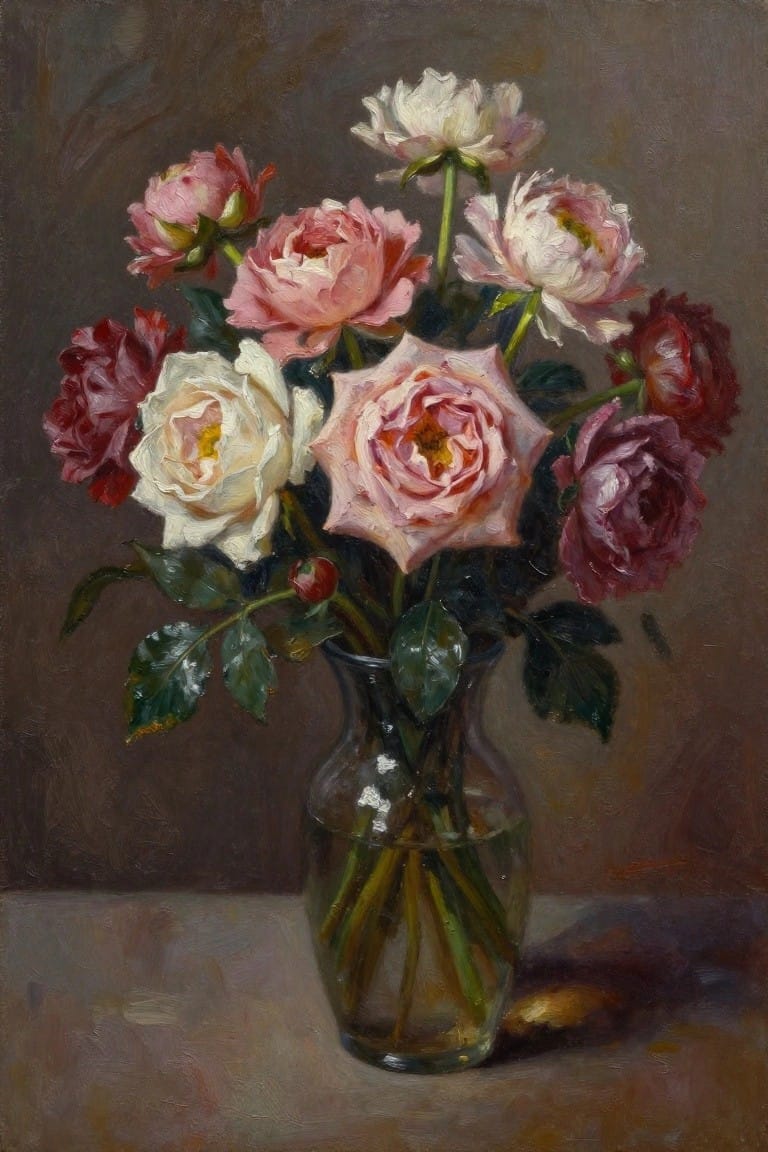 Oil painting of pink, white, and red roses arranged in a glass vase with visible stems in water.