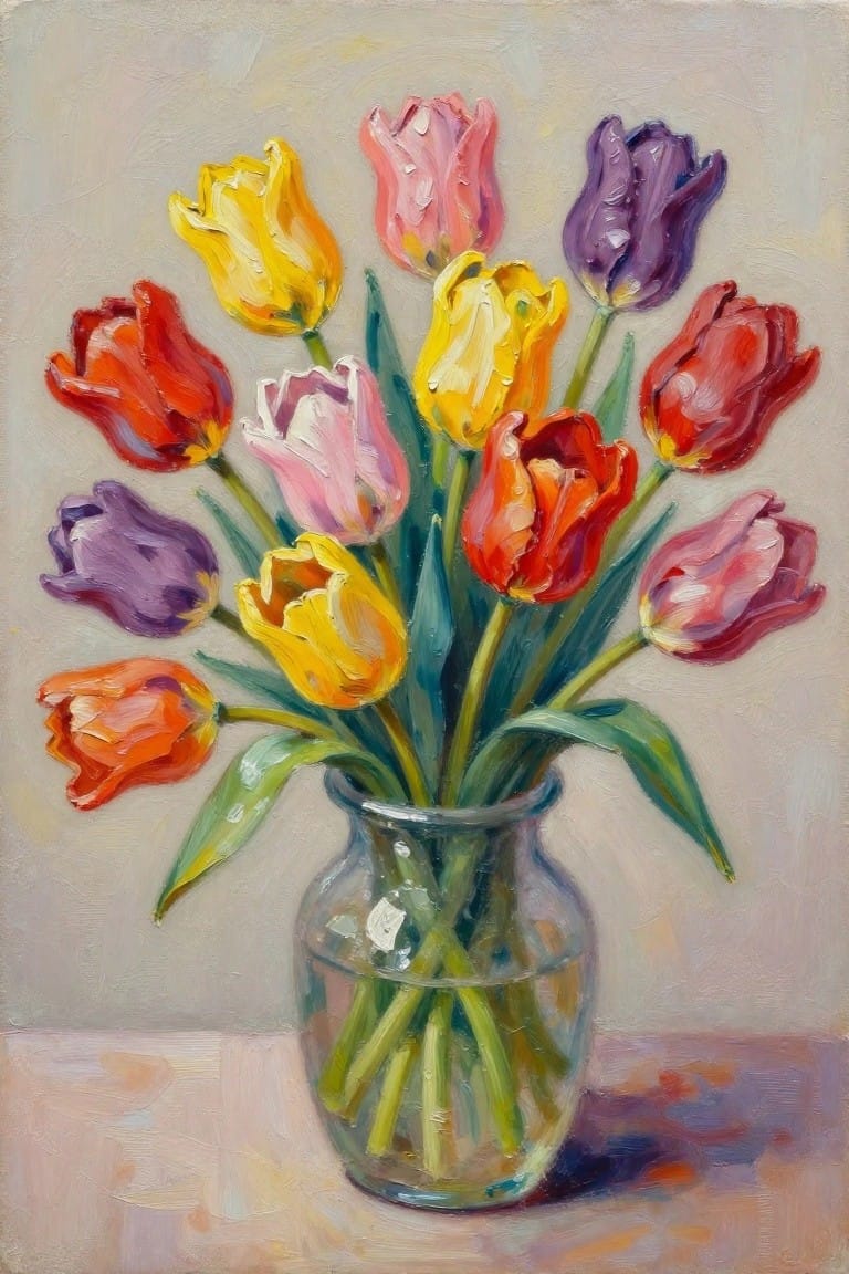 An oil painting of multicolored tulips in a clear glass vase filled with water.