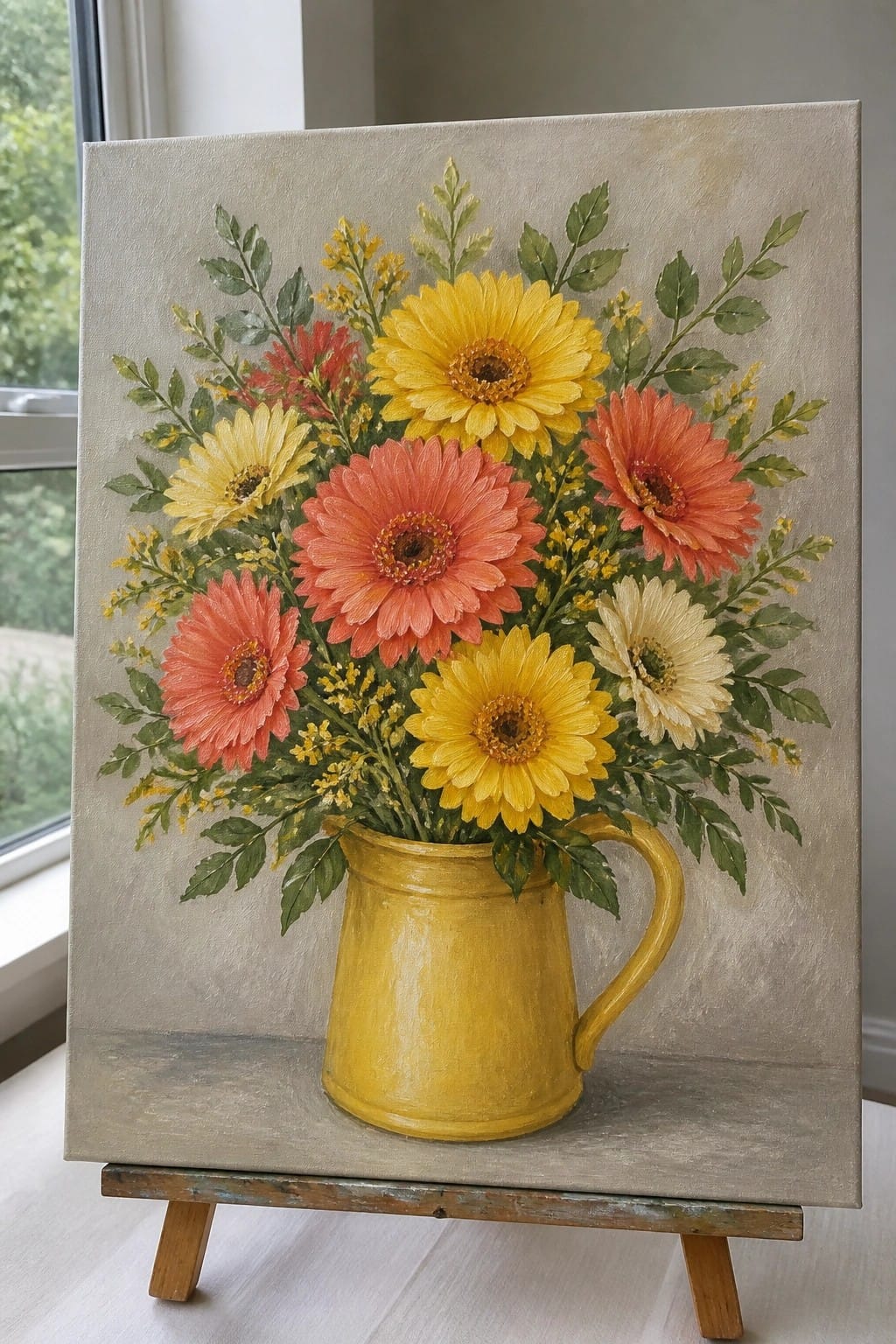 Colorful gerbera daisies in yellow pitcher, floral still life painting on easel.