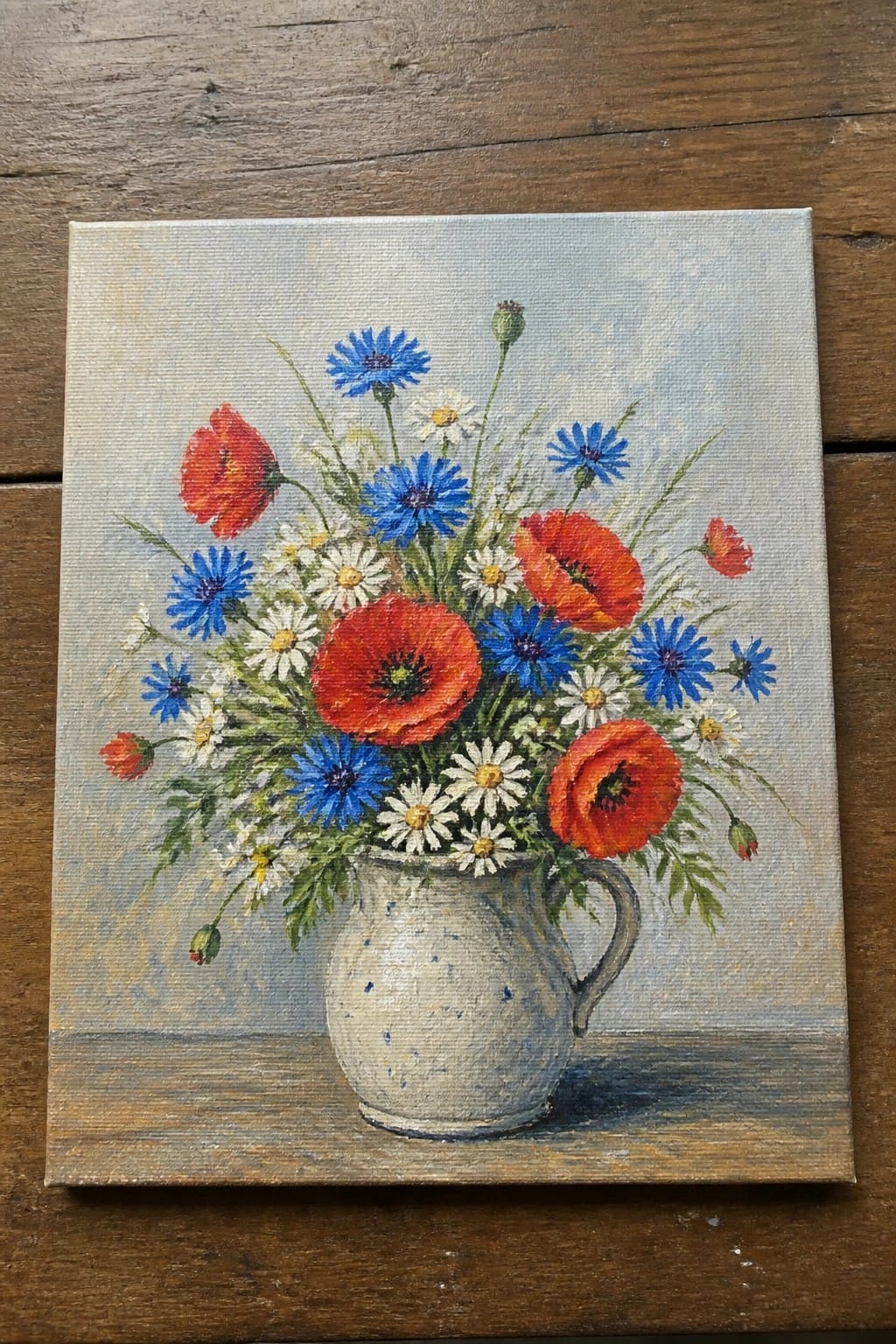 Painting of red poppies, blue cornflowers, and daisies in a white ceramic pitcher