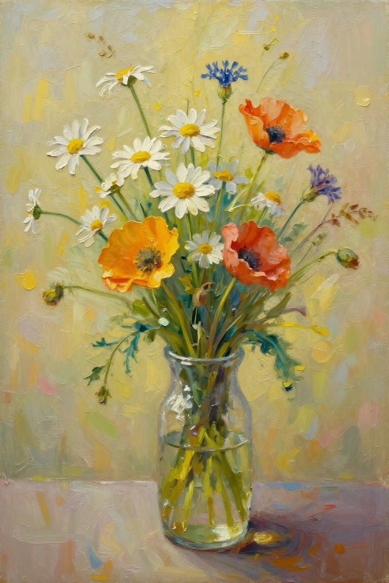 Vibrant poppies, daisies, and wildflowers in a glass vase with water