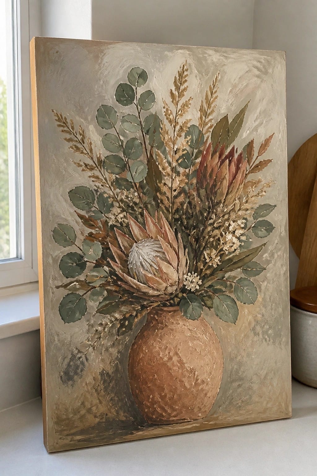 Painting of protea and dried foliage in terracotta vase on textured beige background.
