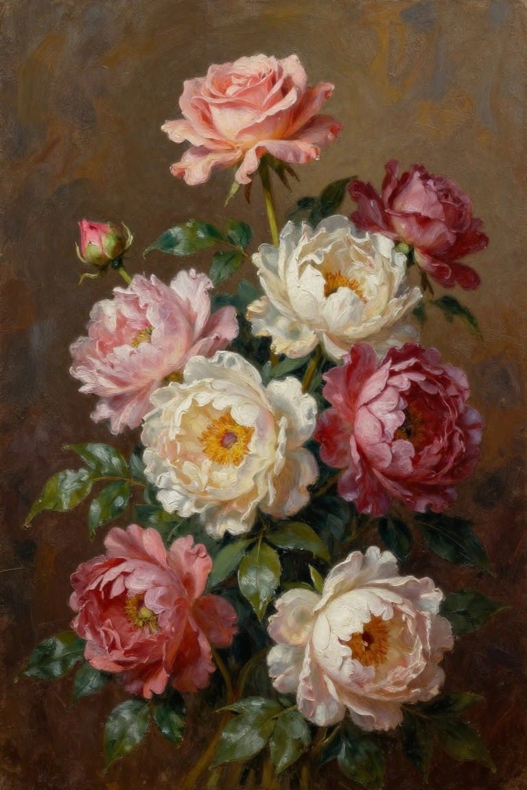 Oil painting of pink, white, and red peonies with roses and green leaves.