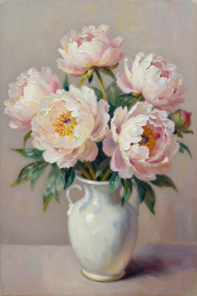 Pink and white peonies in a white vase on a table