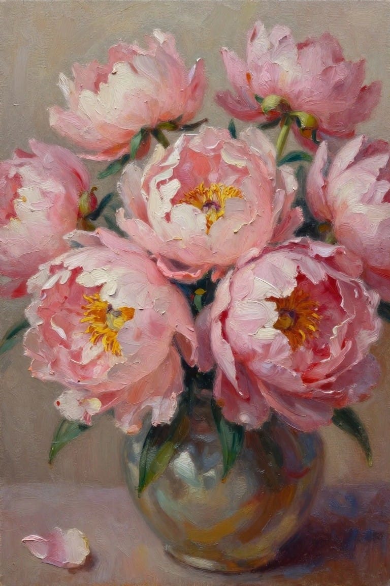 An oil painting of pink peonies arranged in a clear glass vase with a few loose petals on the table surface.