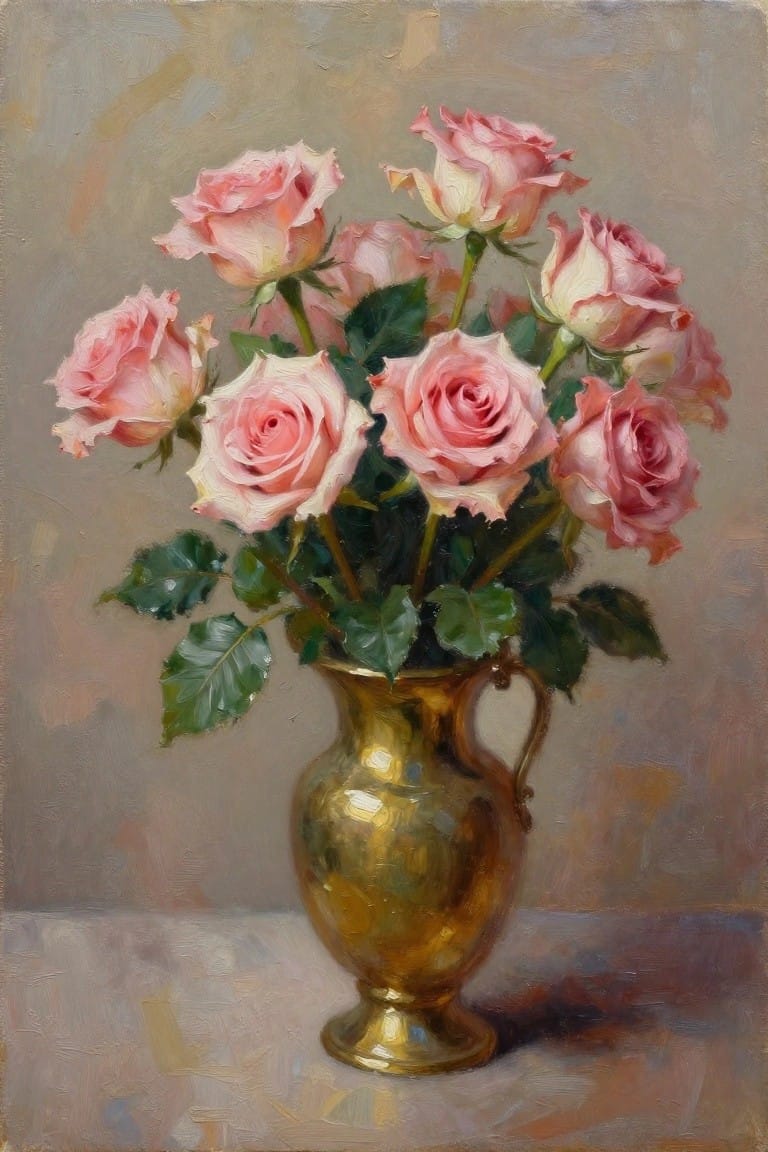 Pink roses in a shiny golden vase with green leaves on a table