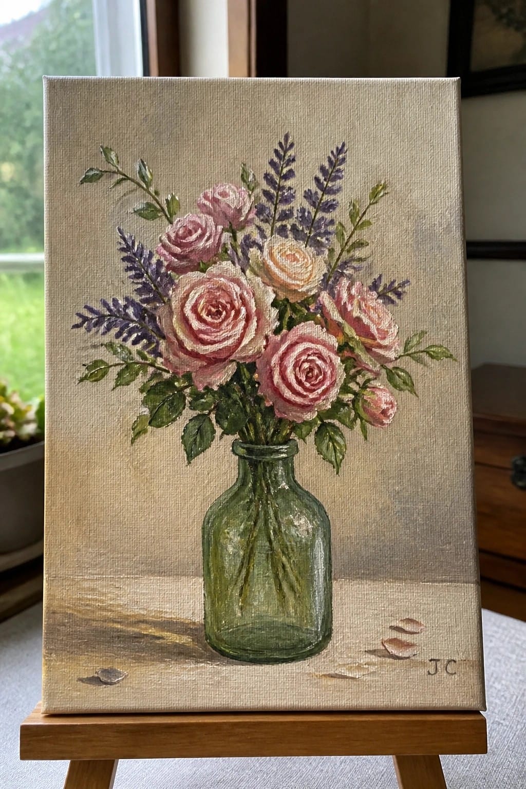 Pink roses and purple flowers in a green glass vase on an easel