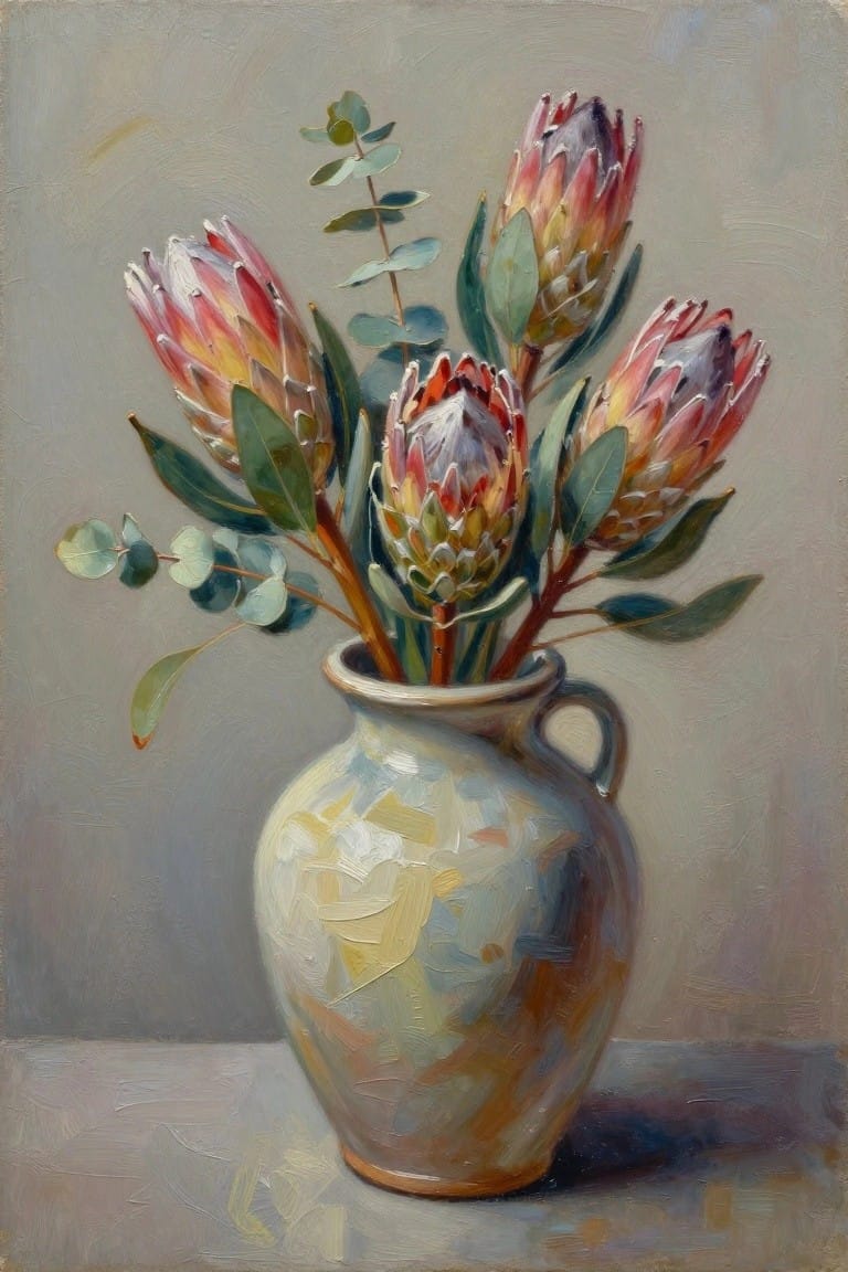 An oil painting of protea flowers and eucalyptus in a textured ceramic vase against a plain background.