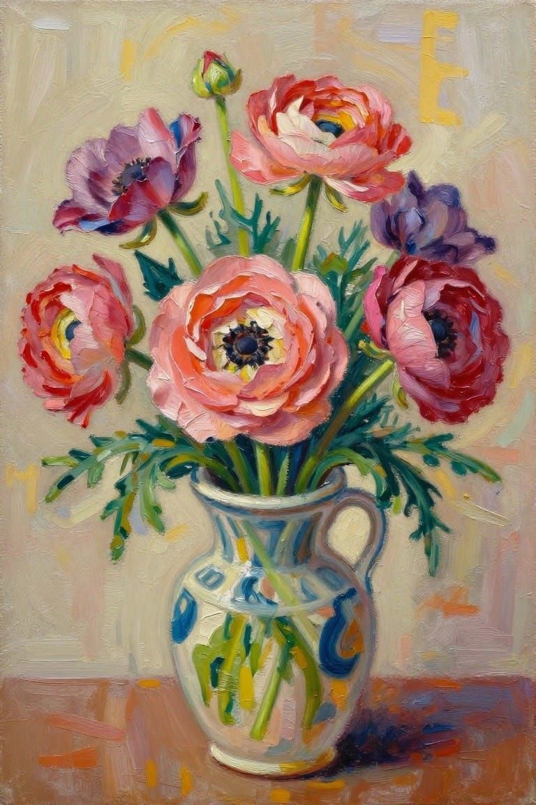 Vibrant pink and purple flowers in a blue-patterned ceramic pitcher on a table.