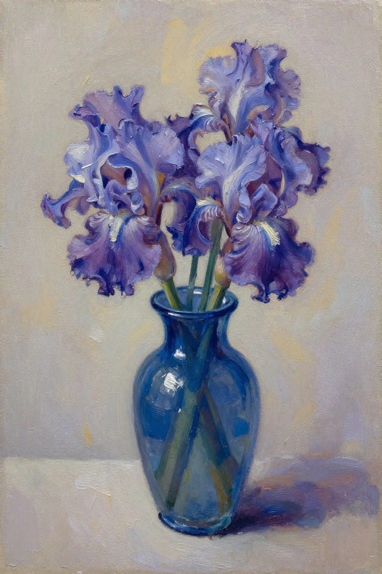 Purple irises in a blue glass vase on a pale surface
