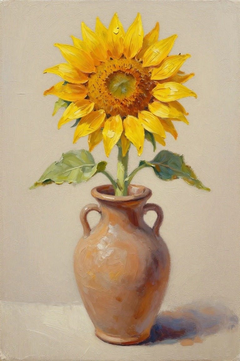Vibrant yellow sunflower with green leaves in a brown two-handled clay vase.