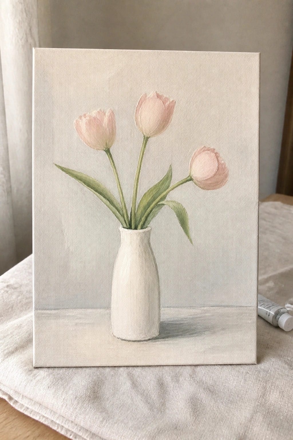 Three pale pink tulips in a white vase, soft minimalist painting
