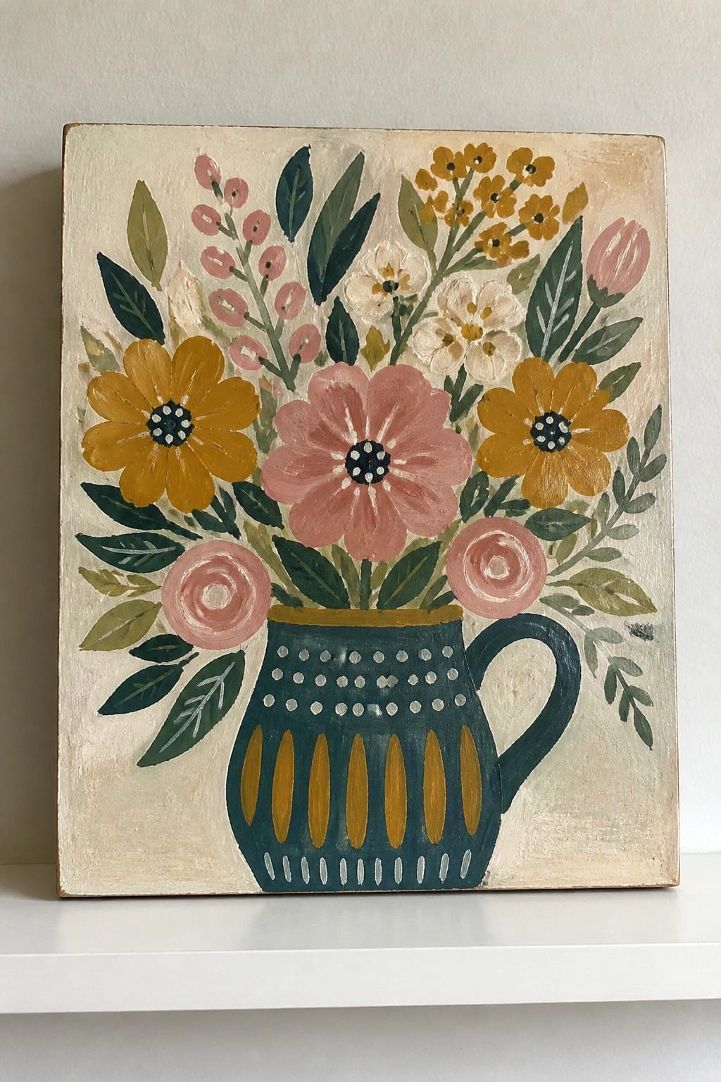 Folk art painting of colorful flowers in a teal dotted pitcher.