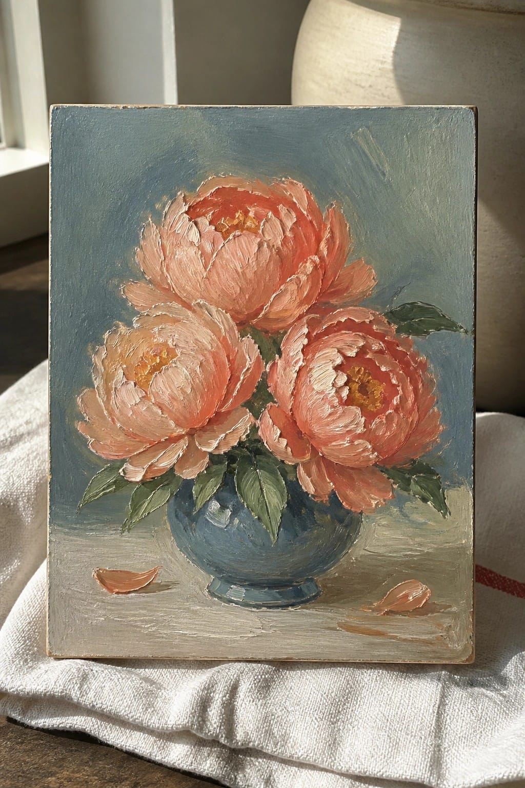 Three coral peonies in blue vase with fallen petals on white cloth