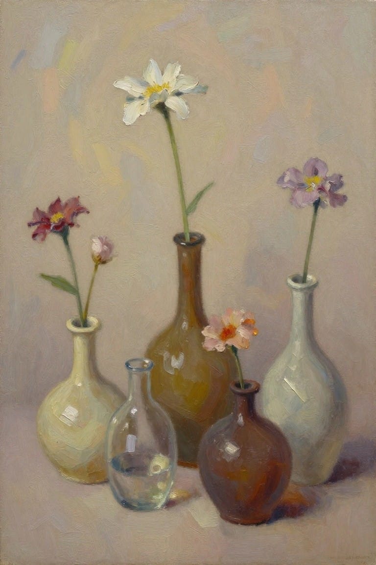 An oil painting of several vases in different shapes and colors holding a few flowers against a soft neutral background.