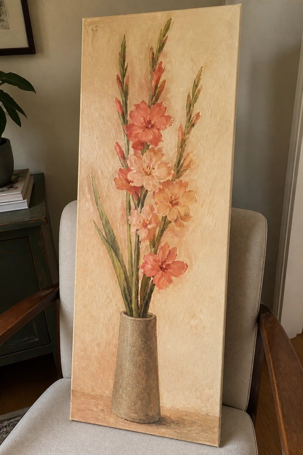 Oil painting of coral gladiolus flowers in a gray vase on a chair