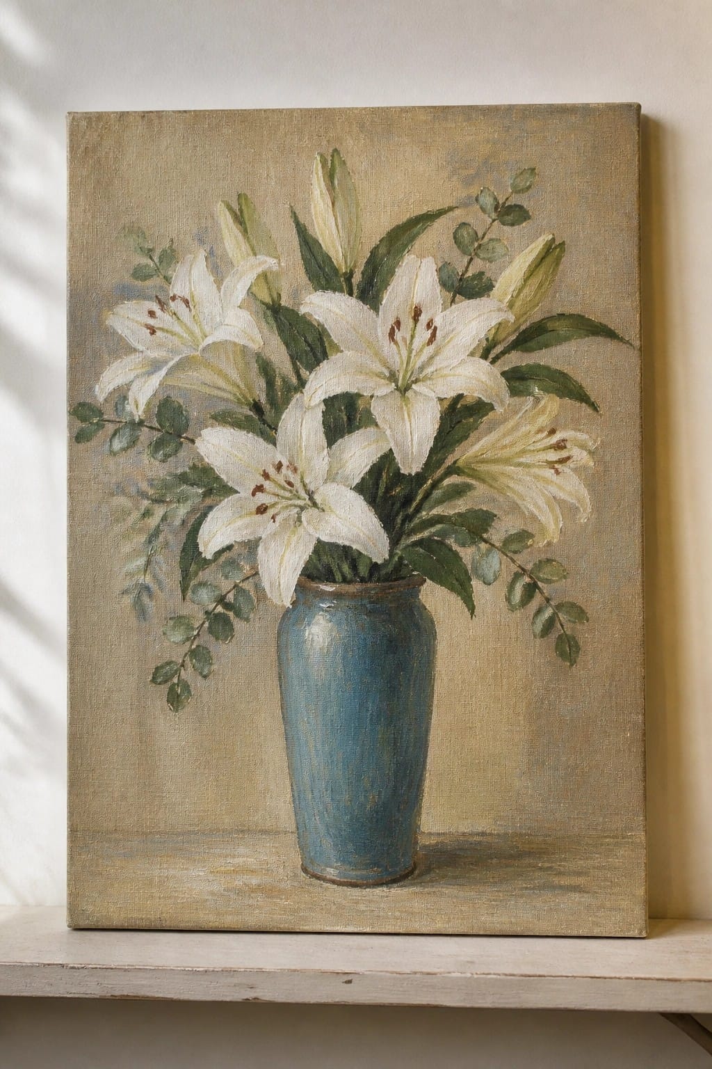 An oil painting of white lilies arranged in a blue vase against a plain background.