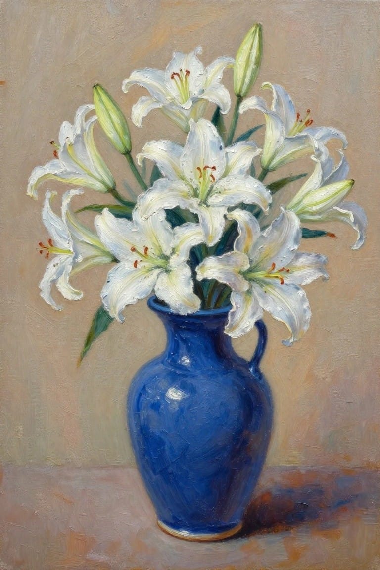 Oil painting of white lilies and buds in a blue vase against a plain background.