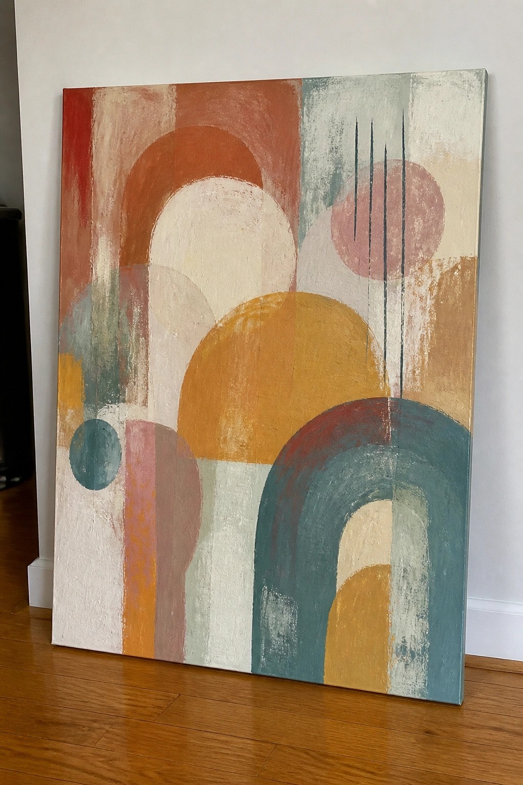 Abstract painting with overlapping circles, arches in red, orange, teal, and yellow hues.