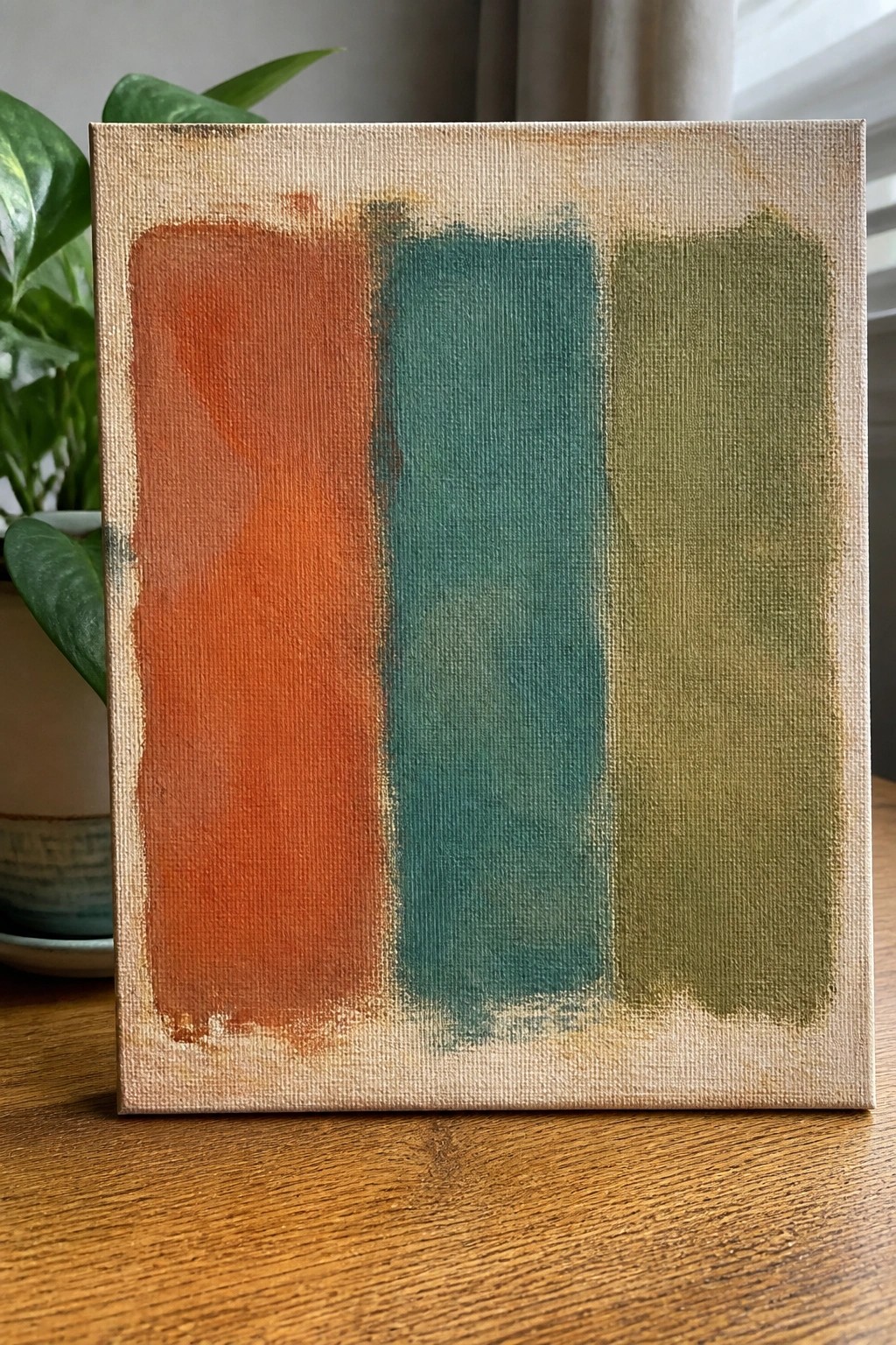 Abstract canvas with vertical orange, teal, and olive stripes on wooden table near plant