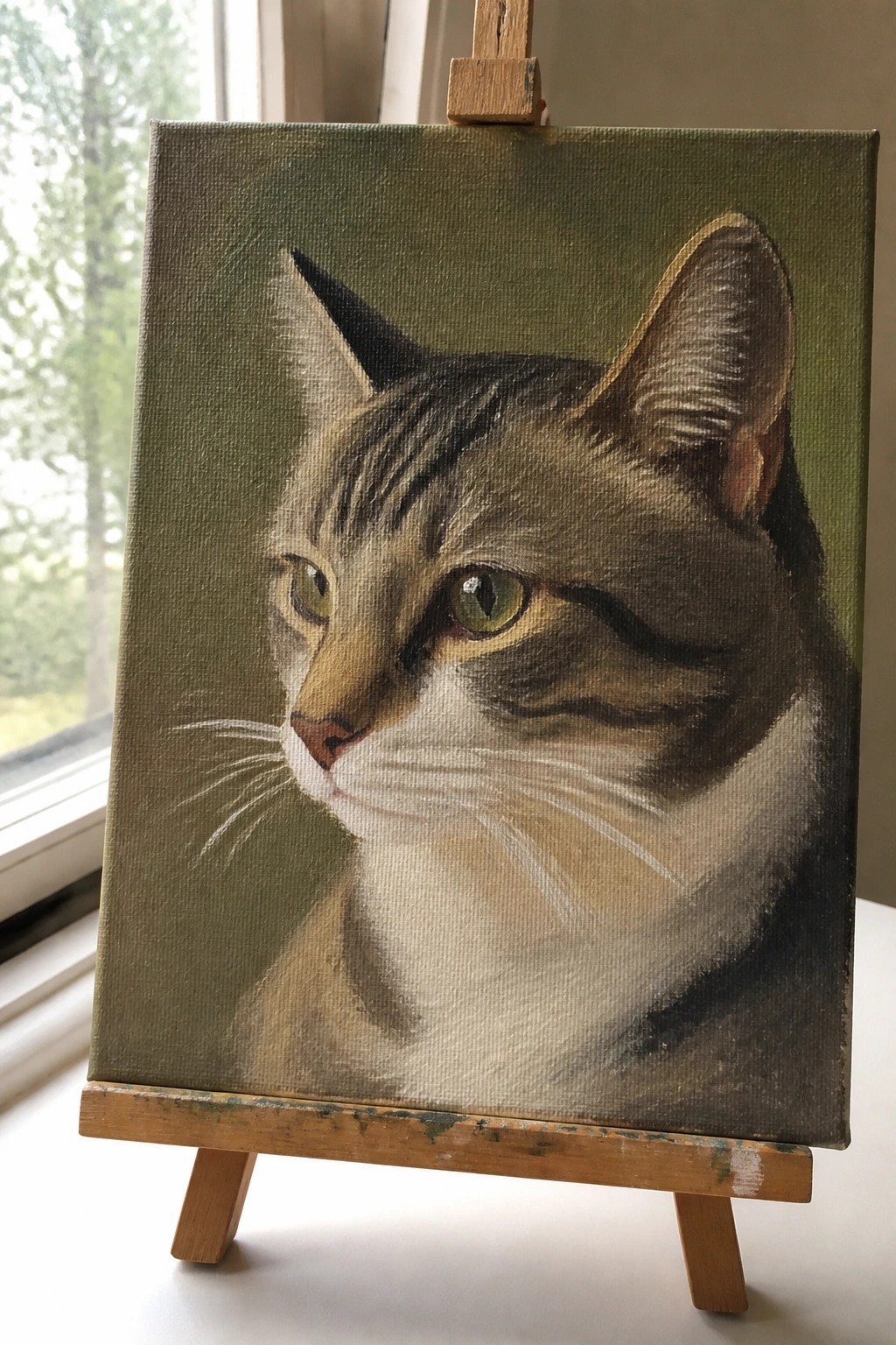 Realistic painting of a tabby cat with green eyes on a wooden easel.