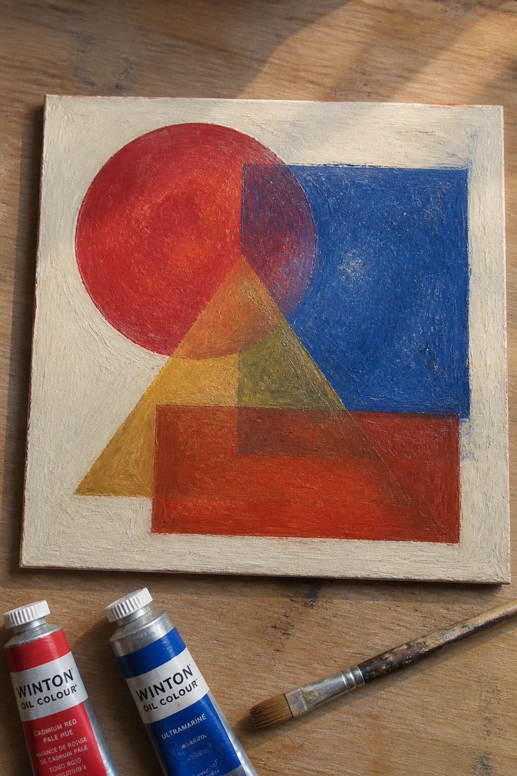 Abstract canvas with red circle, blue square, triangles, paint tubes and brush on wood