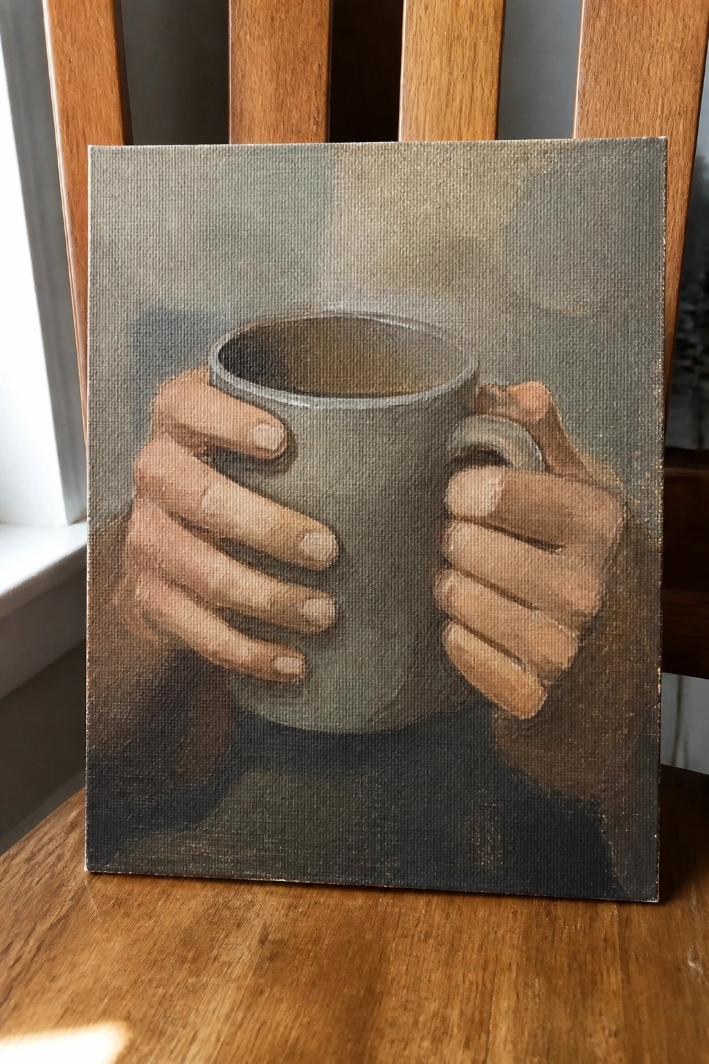 Two hands gripping a steaming gray mug before wooden chair slats