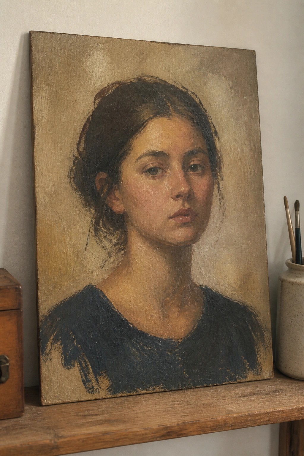 Oil portrait of young woman with dark hair in blue shirt beside paintbrushes on shelf
