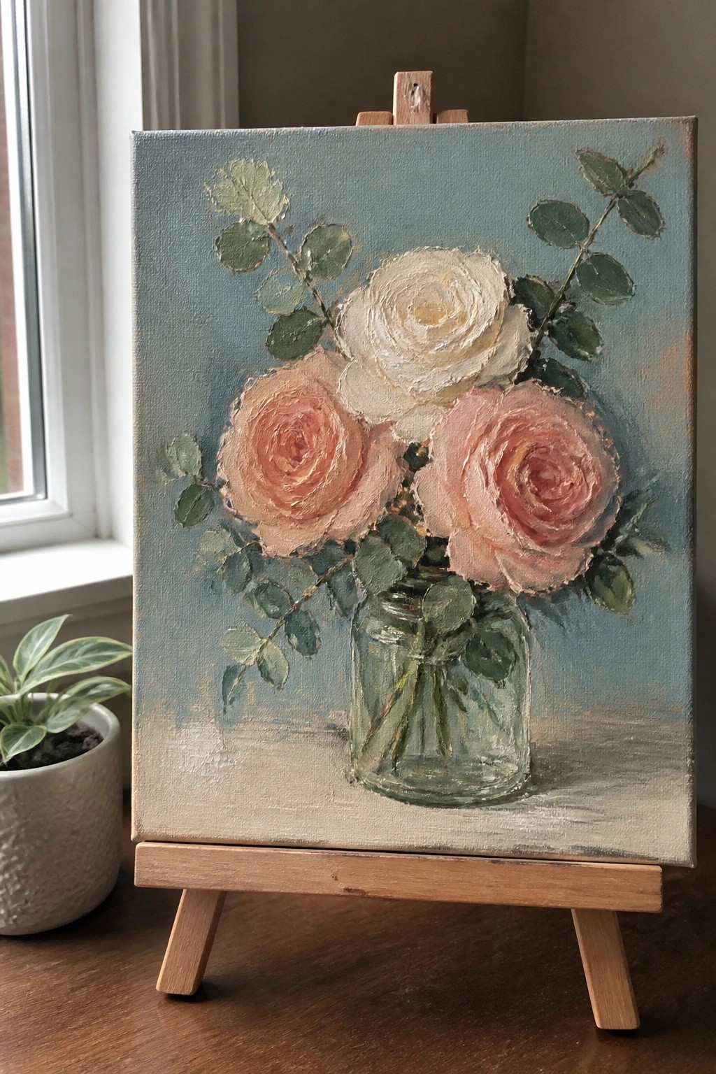 Pink and white roses in glass jar on canvas atop wooden easel