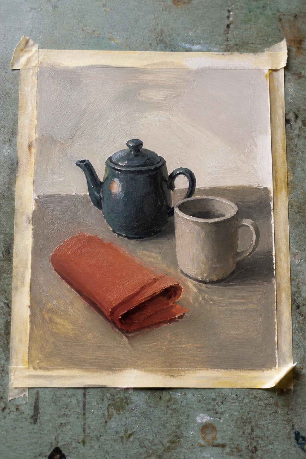 Still life painting of dark teapot, gray mug, and red cloth on table.