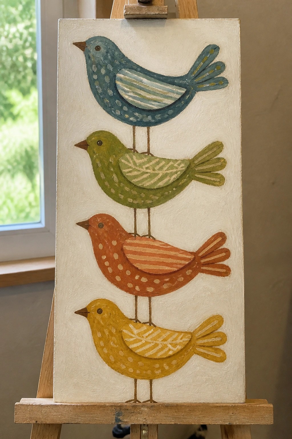 Four colorful patterned birds stacked vertically on canvas atop wooden easel