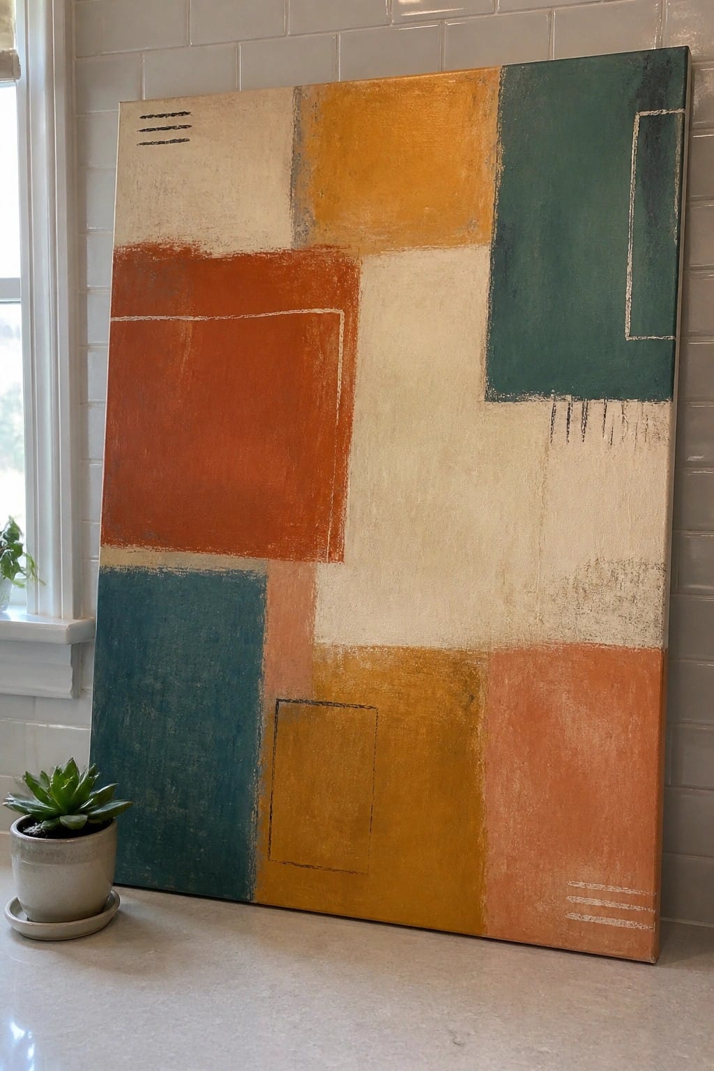 Abstract painting with orange teal yellow blocks leaning on tiled wall beside succulent plant