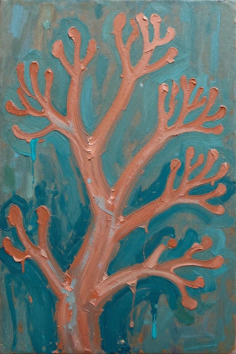 Abstract painting of coral-like orange tree on teal background with drips.