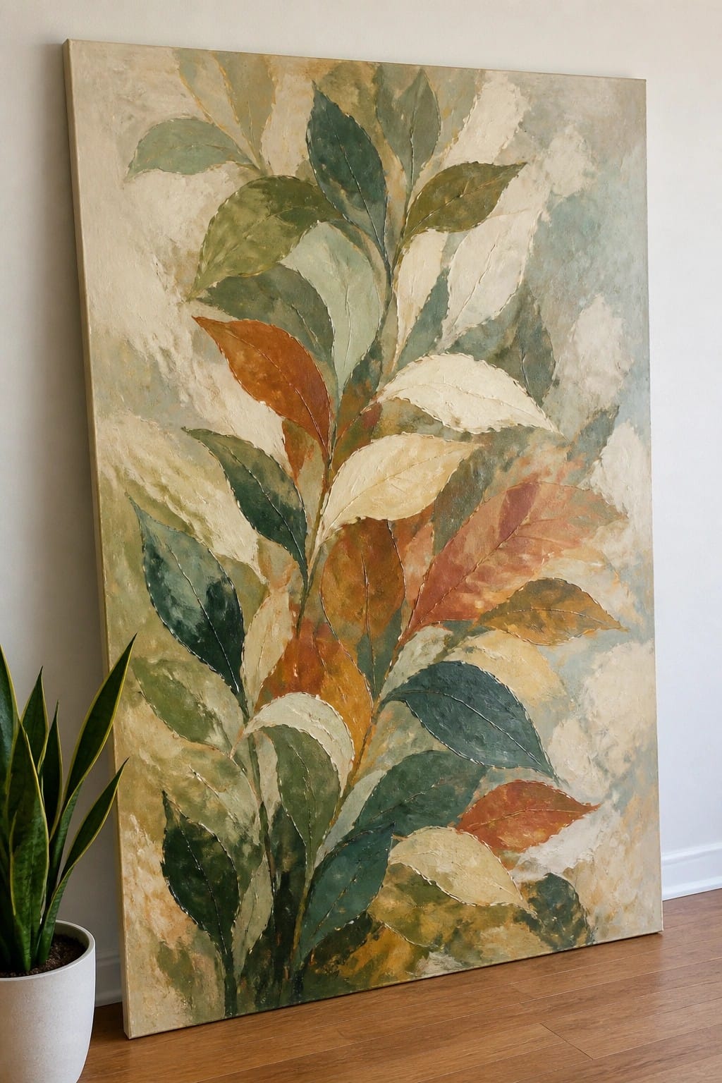 Large abstract painting of textured leaves in greens and autumn tones beside a plant.