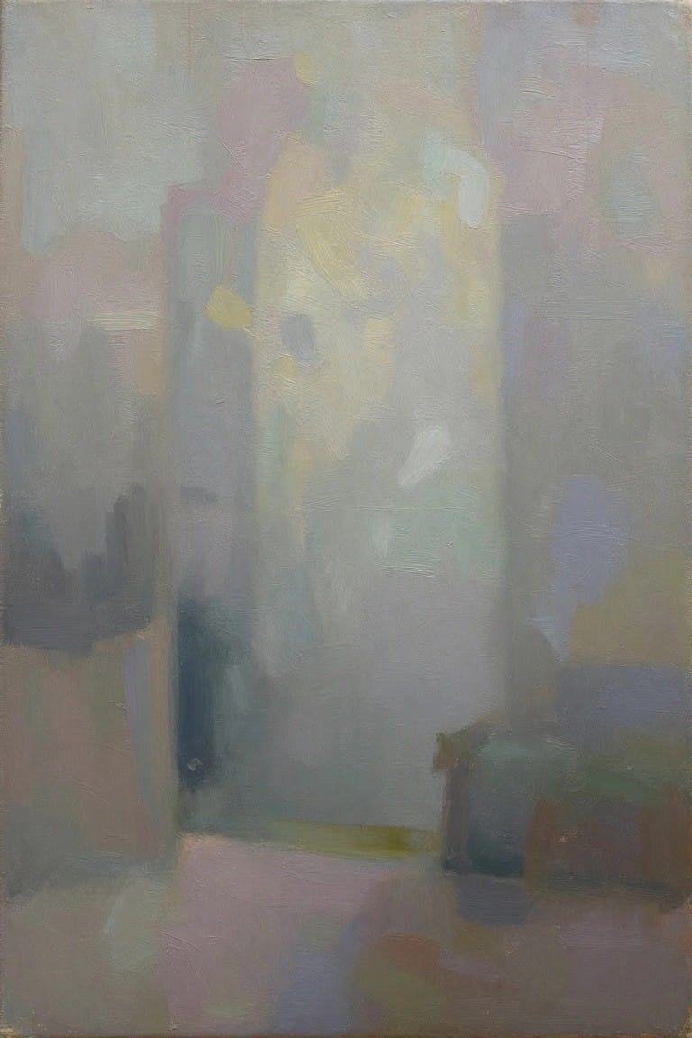 Abstract painting of soft pastel hues with blurred vertical shapes and yellow glow