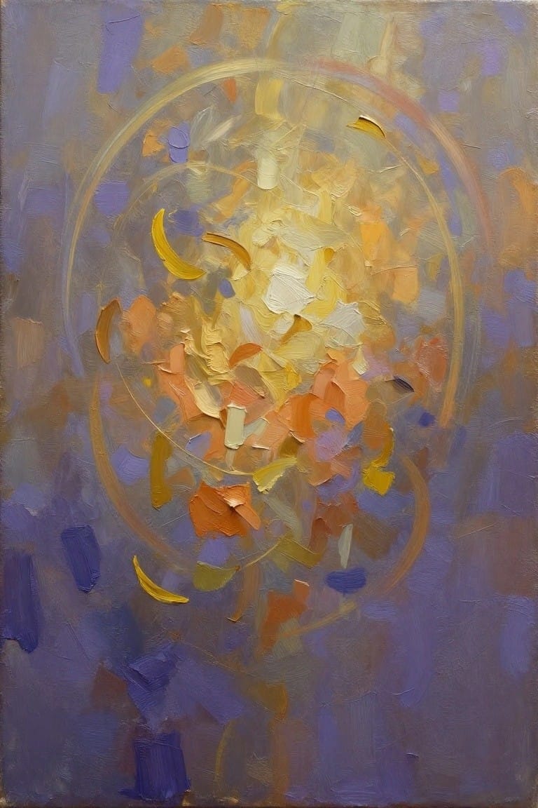 An abstract oil painting with a central burst of yellow, orange, and white brushstrokes surrounded by purple and blue tones with curved golden lines.