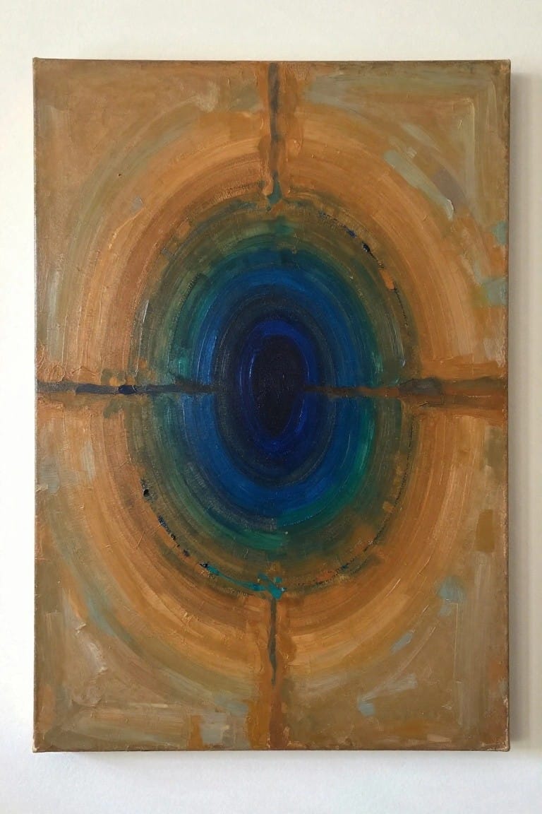 Abstract painting of blue-green concentric circles with brown cross lines on tan background