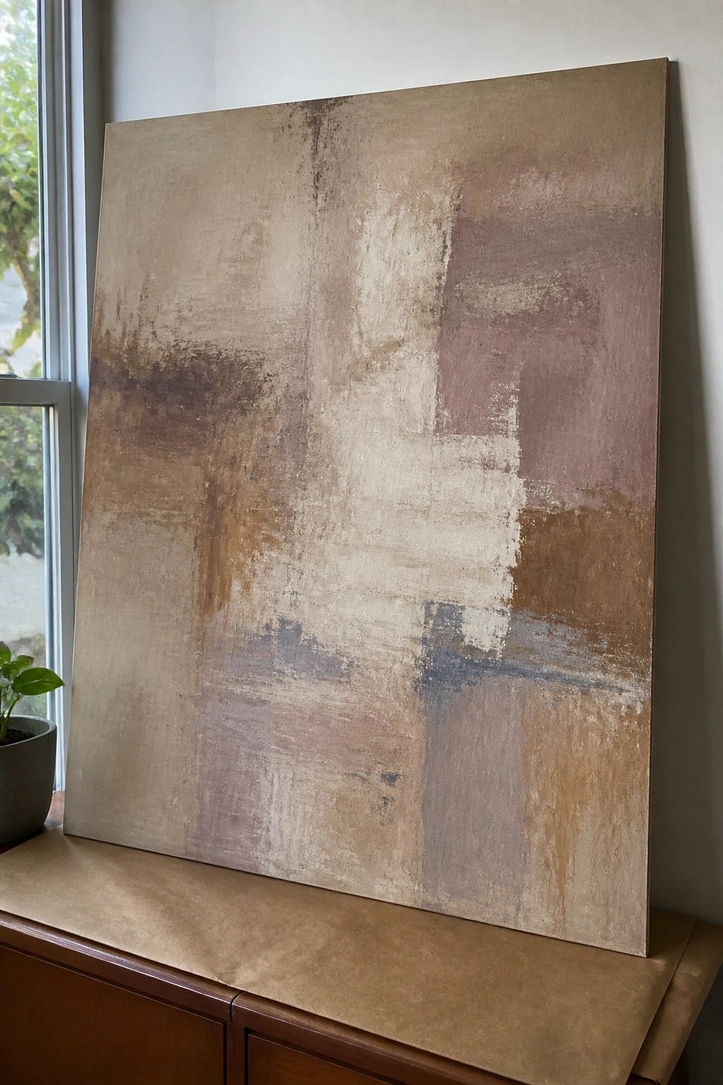 Large abstract painting with earthy beige and brown tones on wooden cabinet by window