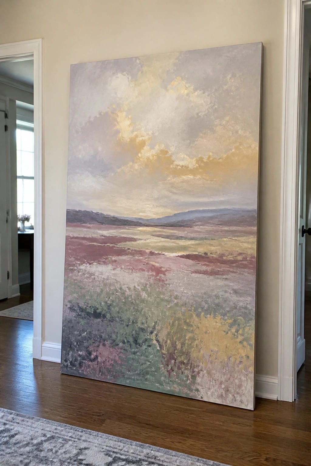Large abstract landscape painting with colorful fields leaning against a wall