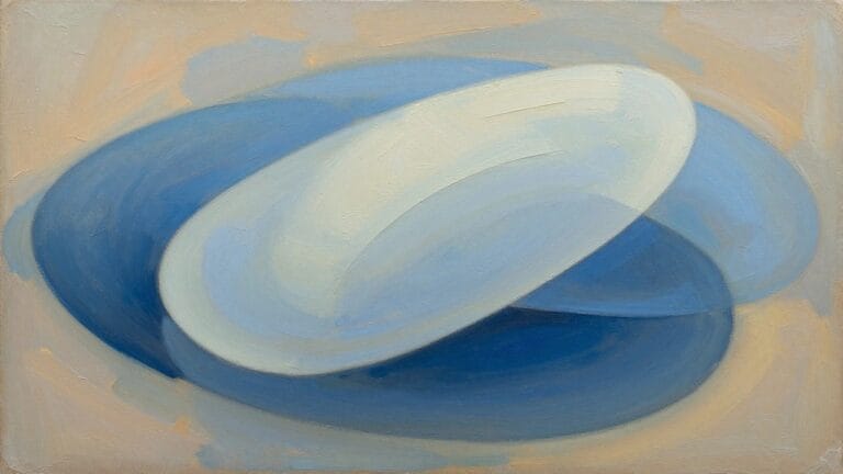Abstract painting of overlapping blue and cream swirling circular shapes with soft brushstrokes.