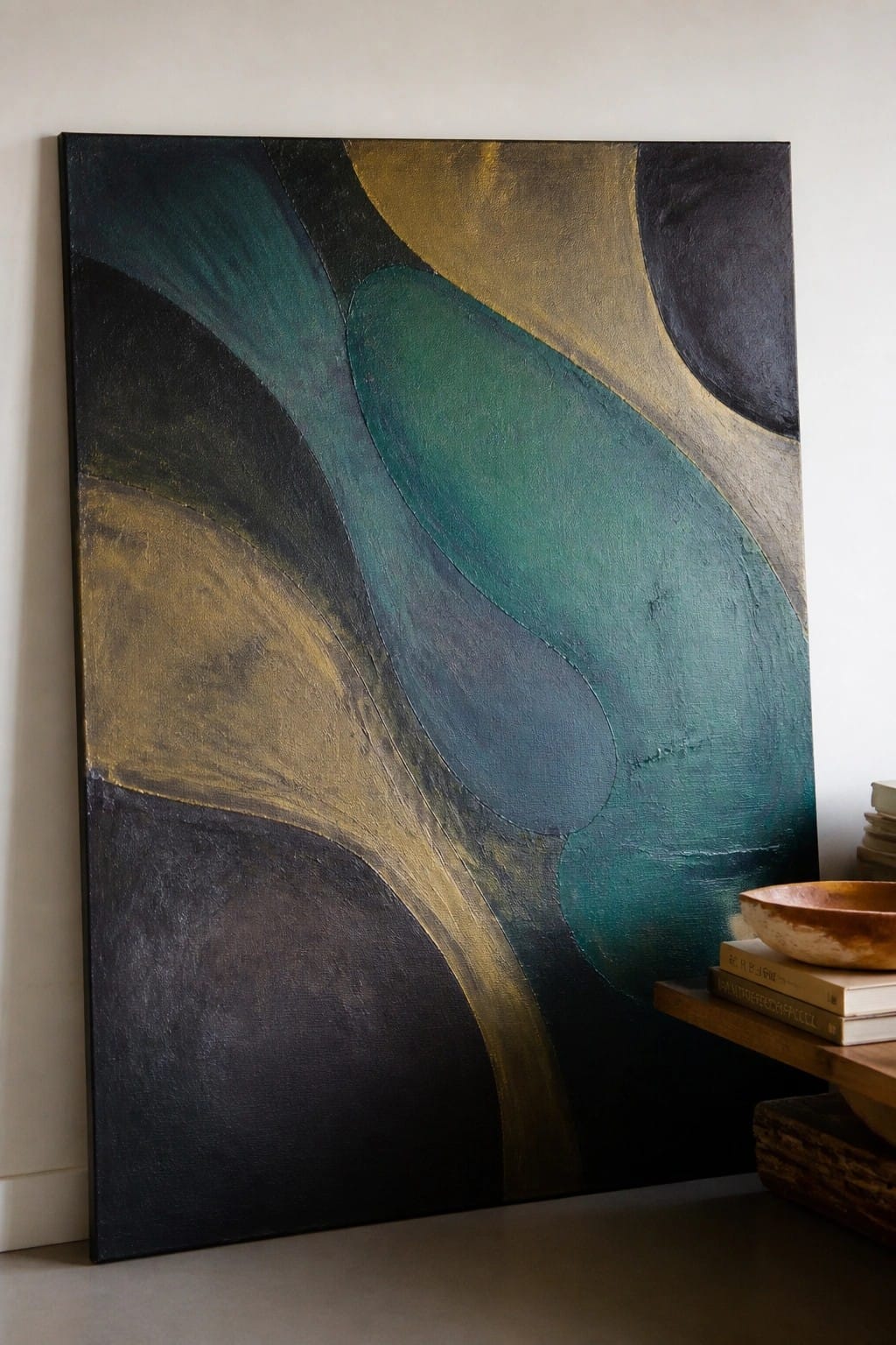 Abstract painting with flowing teal, gold and black shapes beside books and bowl