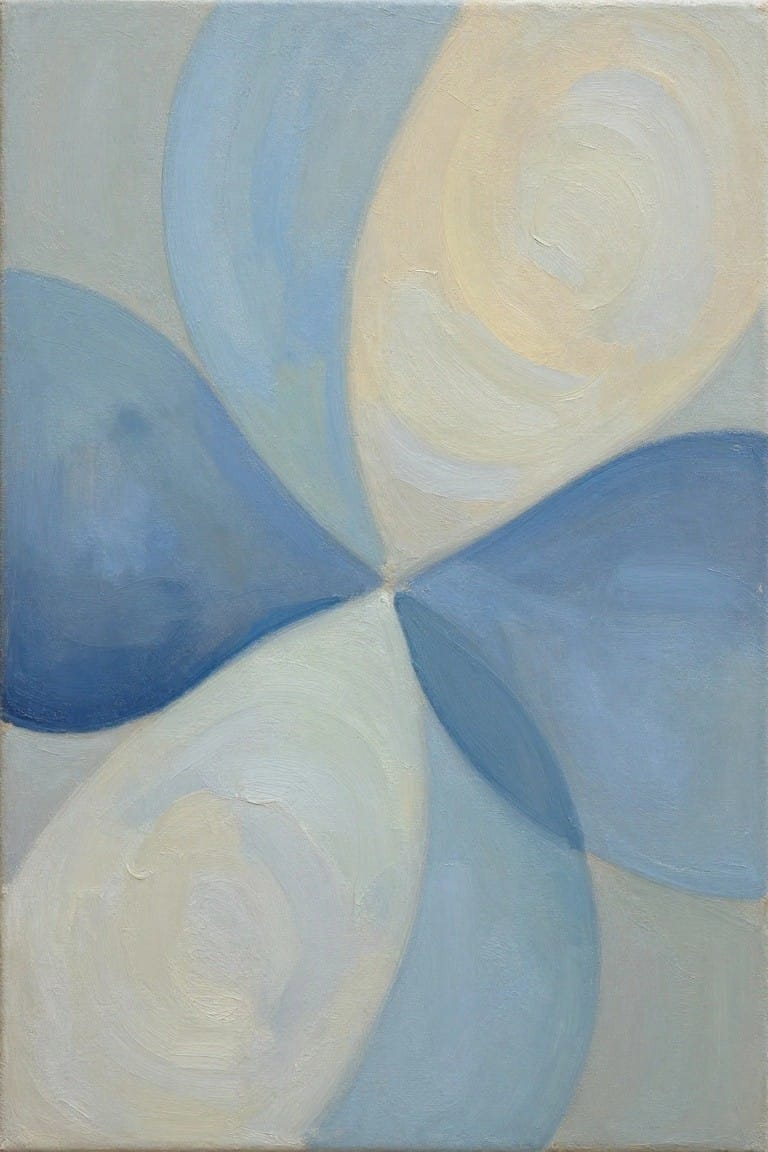 Abstract painting of overlapping blue and cream swirling circular shapes with soft brushstrokes.