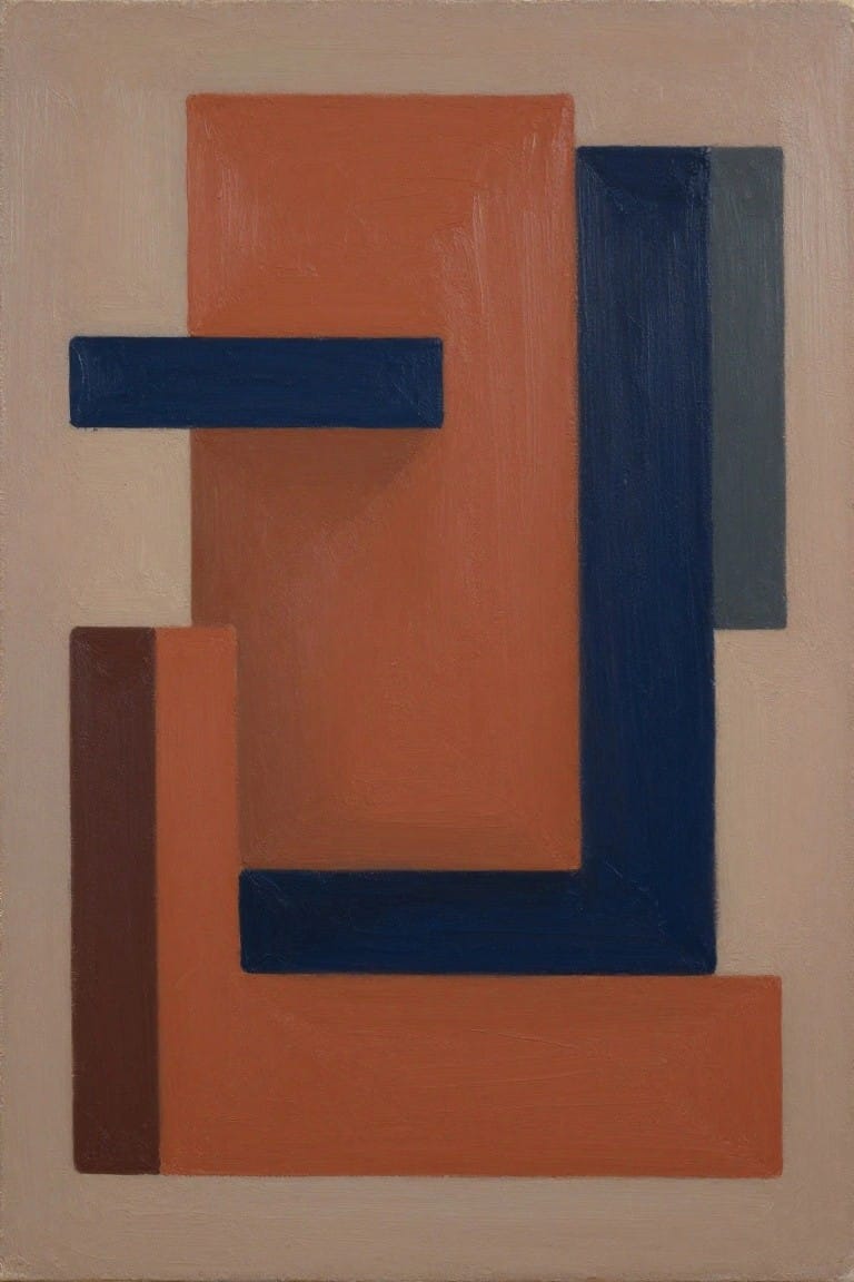 Abstract painting of overlapping orange, blue, and brown geometric rectangles on beige.