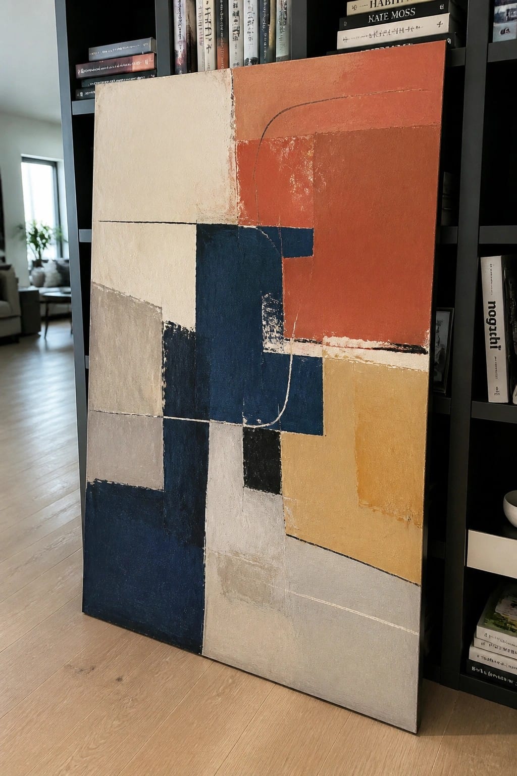 Abstract geometric painting with blue, orange, beige, and yellow blocks leaning on bookshelf