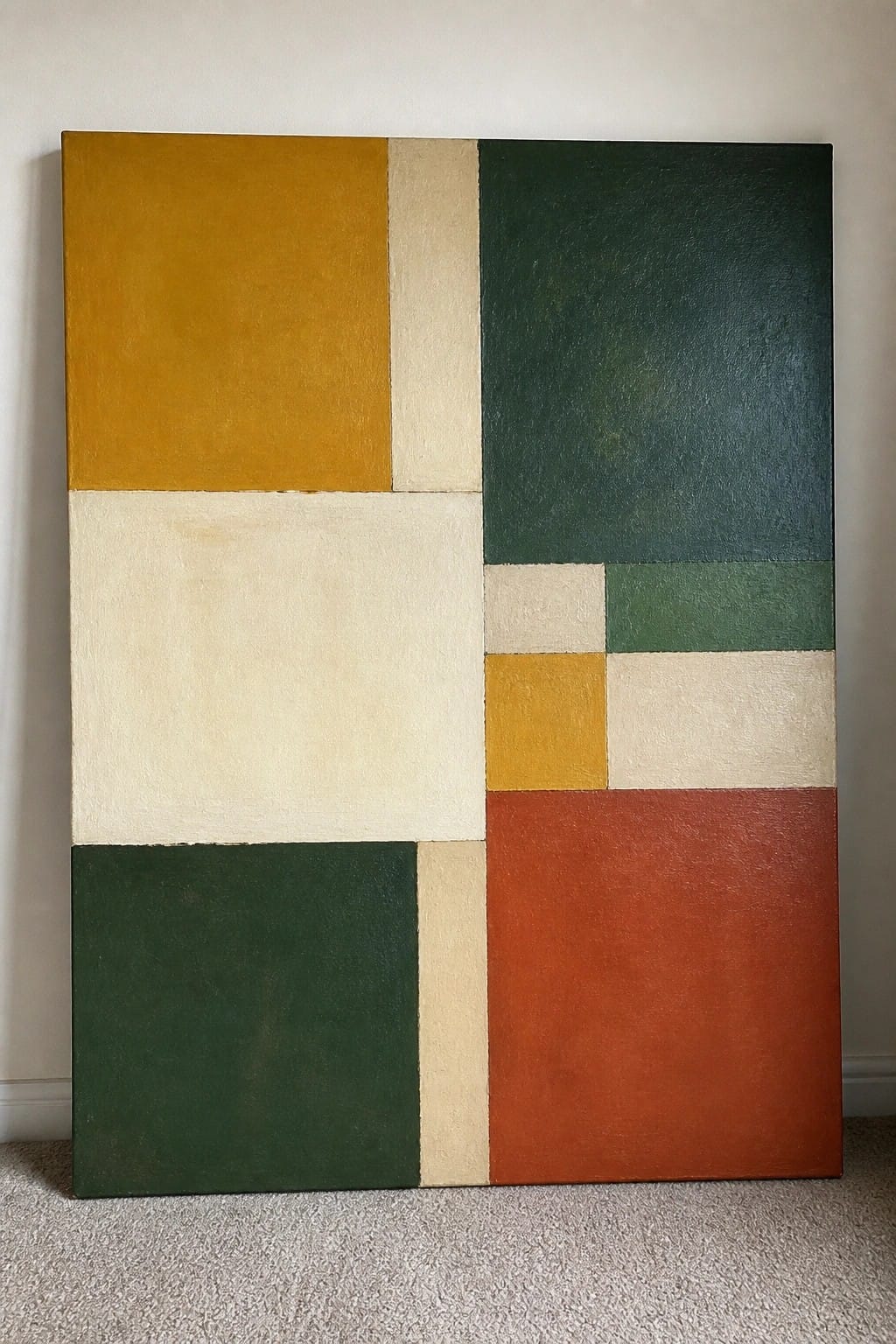 Abstract geometric painting with yellow, beige, green, white, and red rectangular blocks