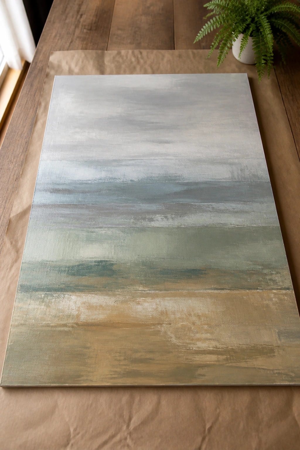 Abstract painting with horizontal gray blue green brown bands on wood table beside fern