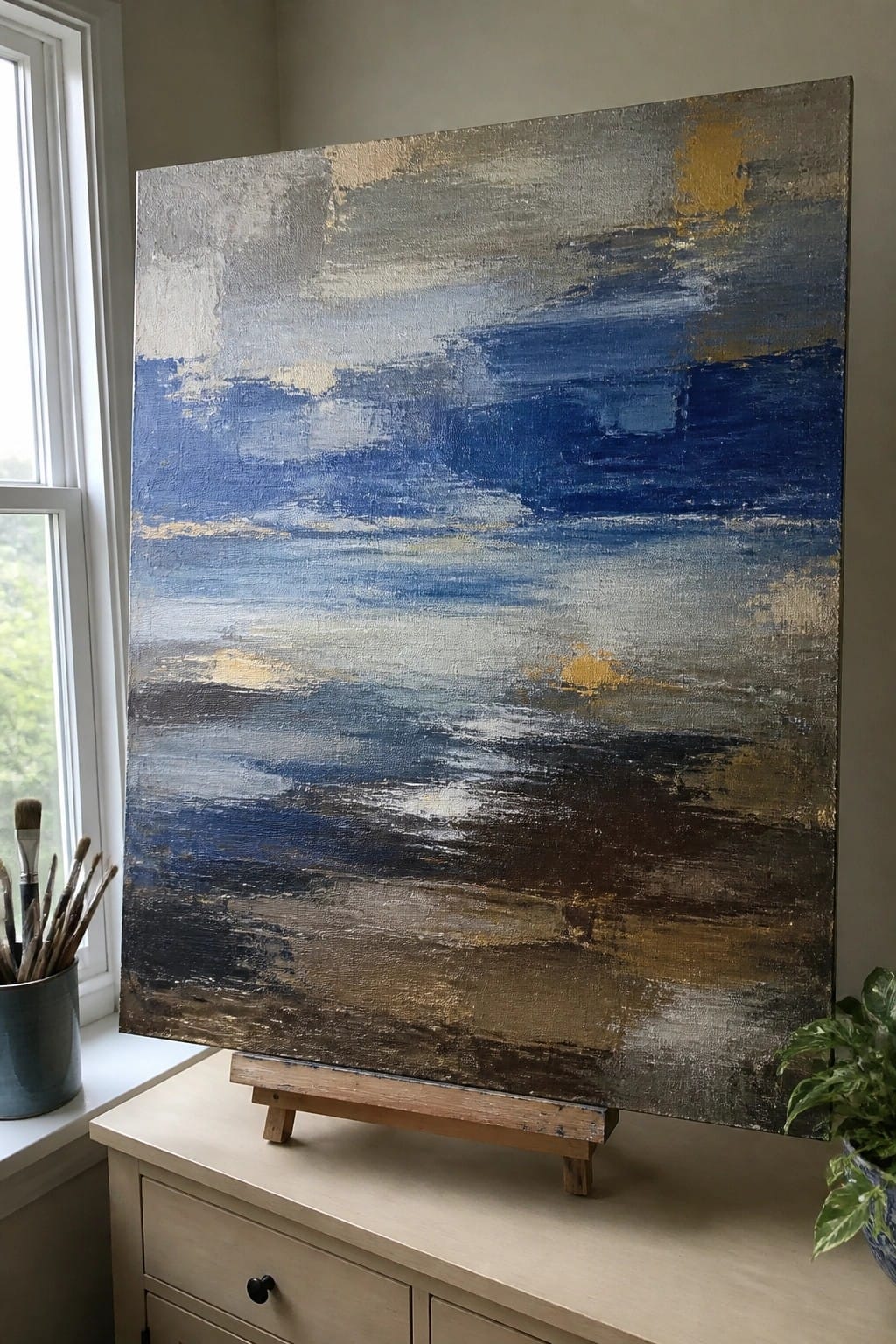 Abstract painting with blue, gray, brown, and gold brushstrokes on wooden easel near window