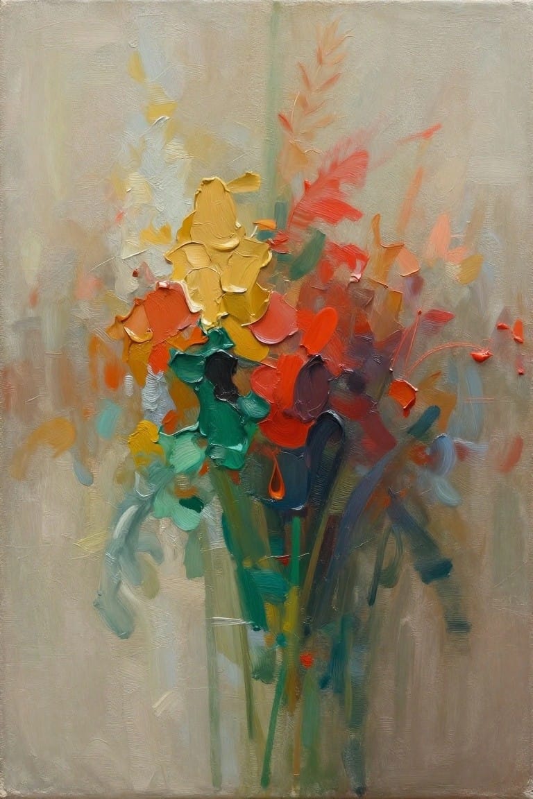 Impressionistic oil painting of vibrant red, yellow, and orange flowers with green stems.