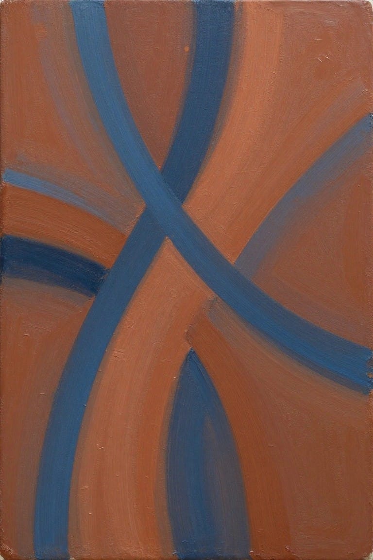 Abstract painting with overlapping blue curved lines on reddish-brown canvas