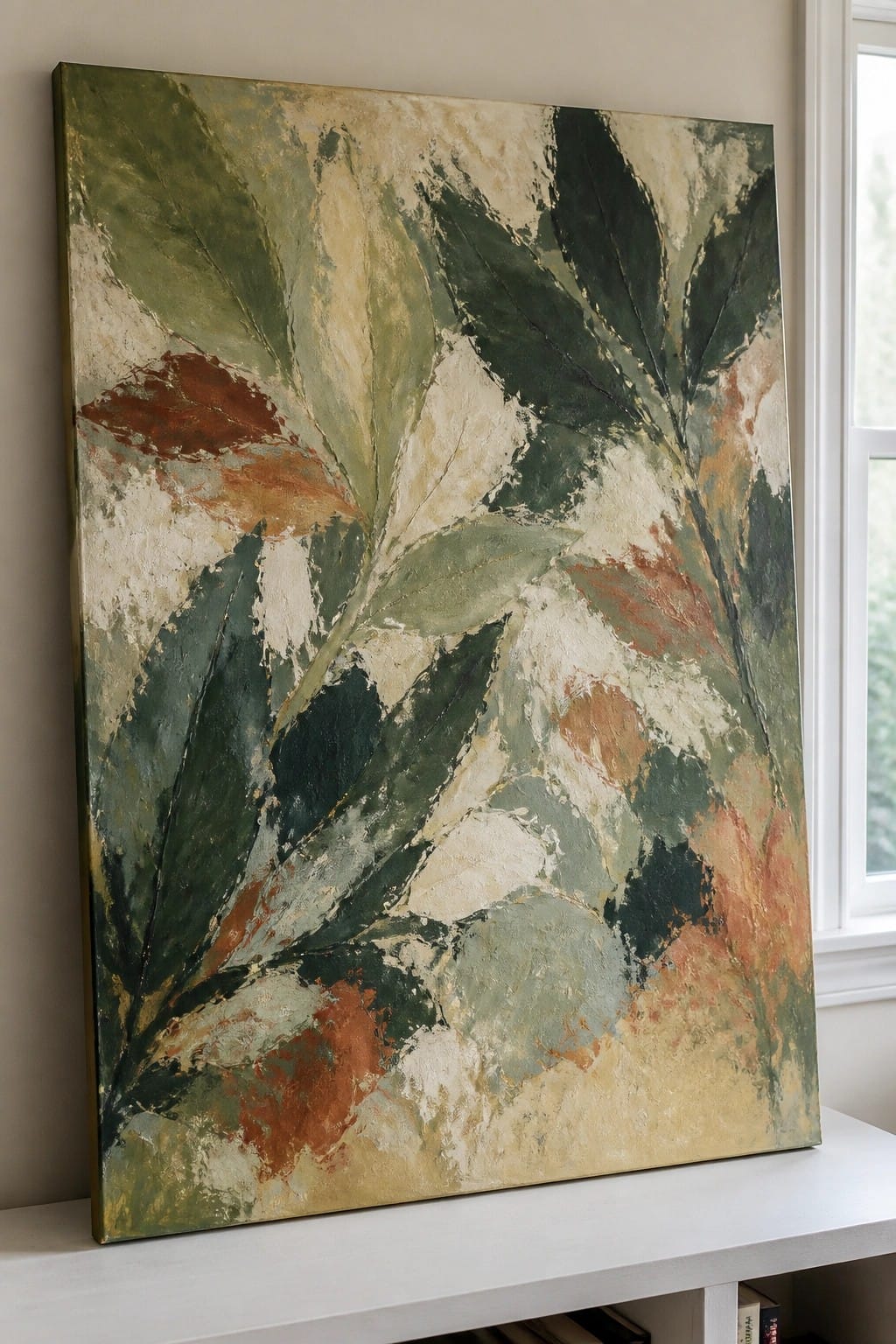 Abstract painting of overlapping leaves in green, rust, and beige tones above white shelf